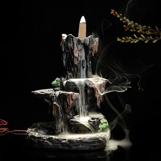 Ceramic Mountain Waterfall Smoke Backflow Incense Burner Cones Holder + 7 Cones