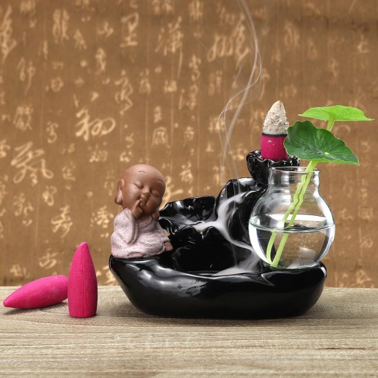 Ceramic Small Monk Back-flow Incense Burner Buddhist Cone Censer Holder With Glass Hydroponic Pot