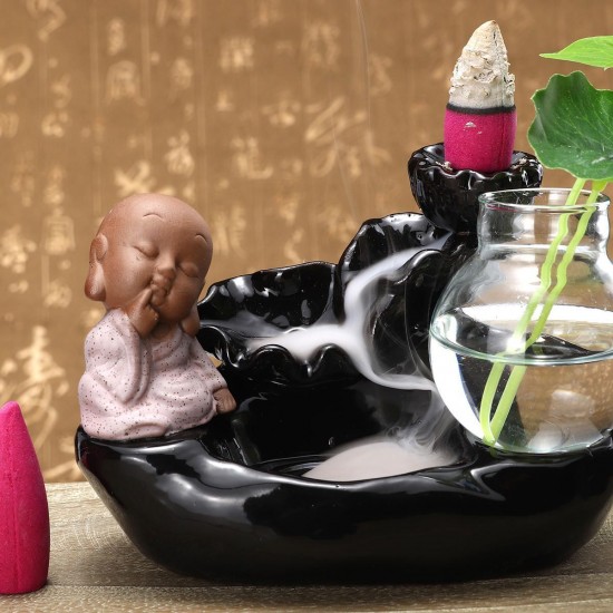 Ceramic Small Monk Back-flow Incense Burner Buddhist Cone Censer Holder With Glass Hydroponic Pot