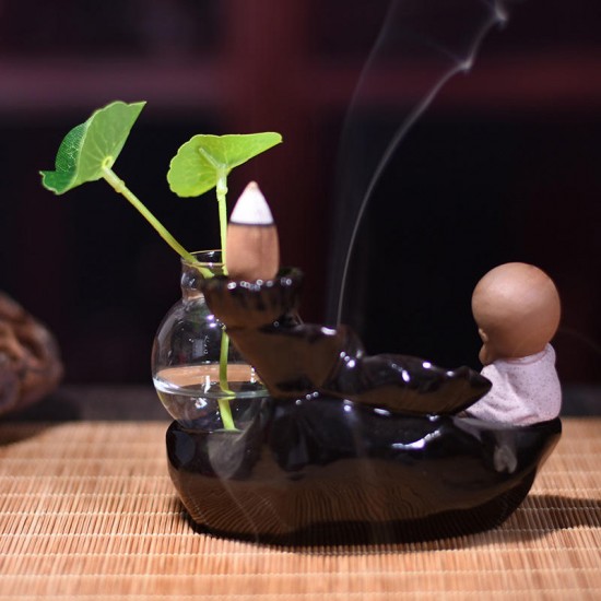 Ceramic Small Monk Back-flow Incense Burner Buddhist Cone Censer Holder With Glass Hydroponic Pot