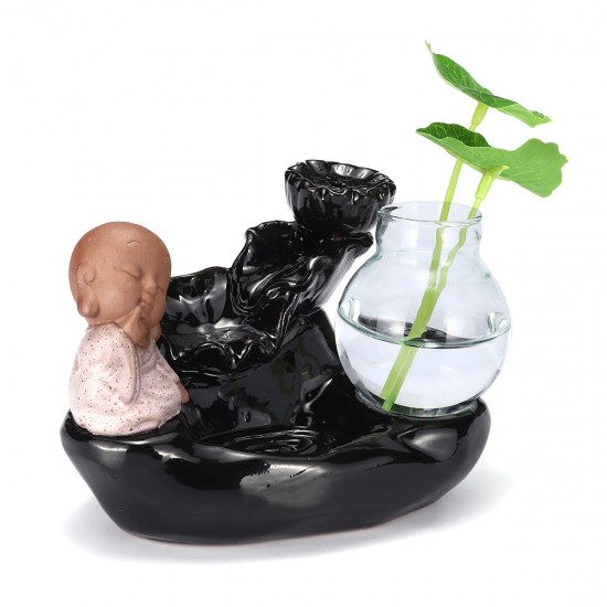 Ceramic Small Monk Back-flow Incense Burner Buddhist Cone Censer Holder With Glass Hydroponic Pot