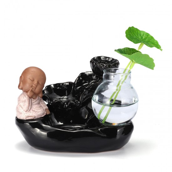 Ceramic Small Monk Back-flow Incense Burner Buddhist Cone Censer Holder With Glass Hydroponic Pot