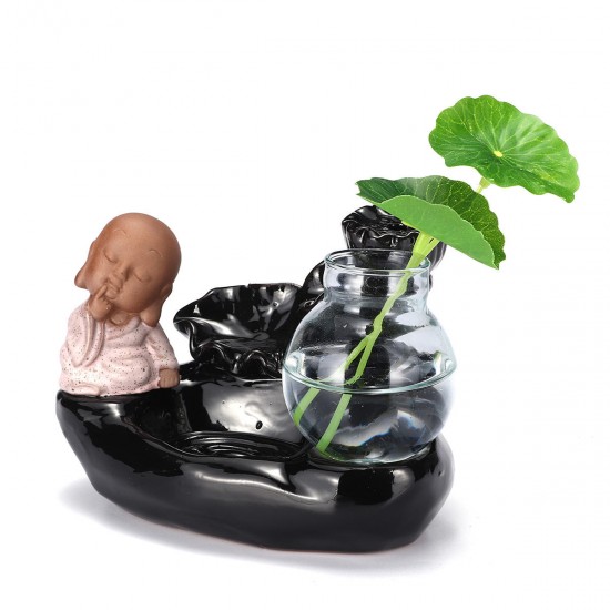 Ceramic Small Monk Back-flow Incense Burner Buddhist Cone Censer Holder With Glass Hydroponic Pot