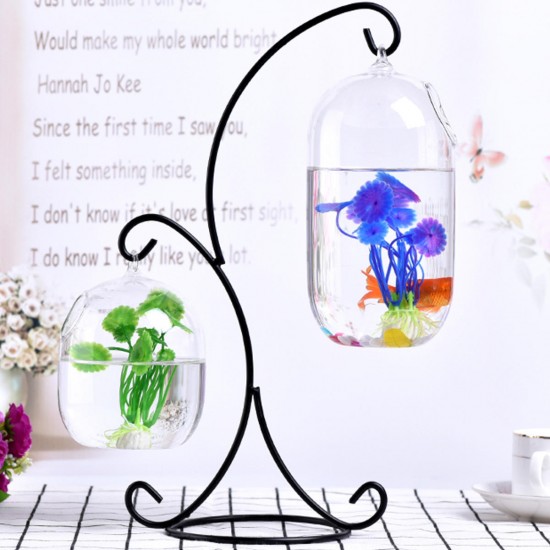 Clear Glass Hanging Ball Mini Fish Tank Aquarium Home Office Desktop Stand Decorations