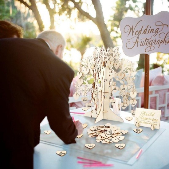 DIY Wedding Book Tree Marriage Guest Book Wooden Tree Hearts Pendant Drop Ornaments Decorations