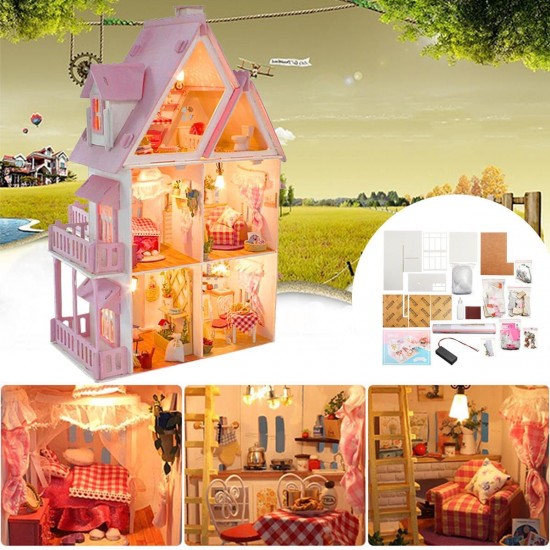 DIY Wooden Dolls House Doll House LED Light Miniature Dollhouse w/ Furniture Doll House Accessories DIY Wooden Dolls House Doll House LED Light Miniature Dollhouse w/ Furniture Doll House Accessories