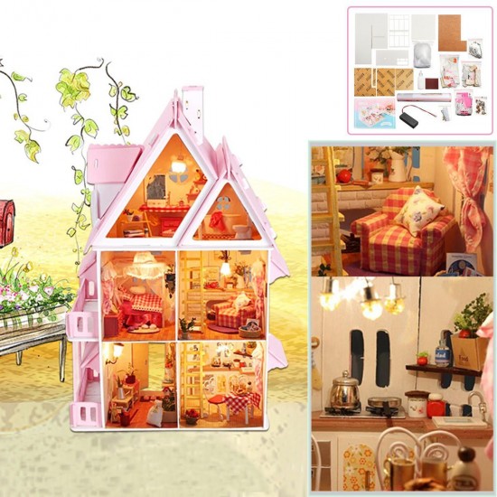 DIY Wooden Dolls House Doll House LED Light Miniature Dollhouse w/ Furniture Doll House Accessories DIY Wooden Dolls House Doll House LED Light Miniature Dollhouse w/ Furniture Doll House Accessories