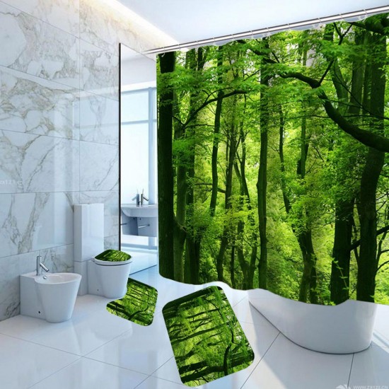 Green Forest Waterproof Shower Curtain Bathroom Toilet Cover Mat Rug Pad Set