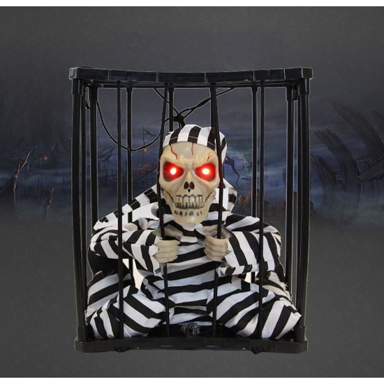 Halloween Hanging Jail Cage Prisoner Ghost Skeleton Glow Eyes Ghost Sounds Decoration