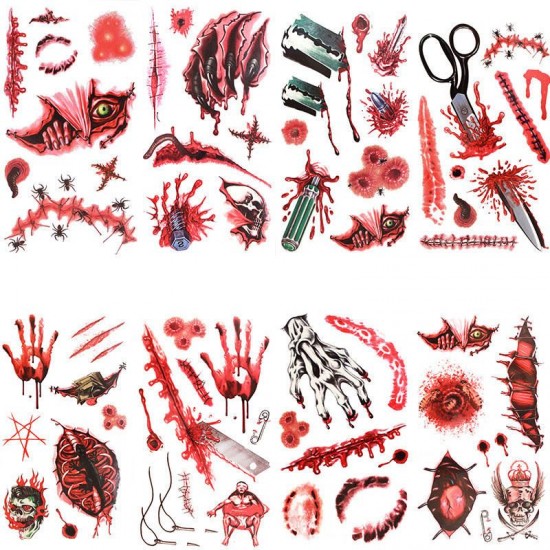 Halloween Props Tattoo Stickers Horror Simulation Wound Realistic Blood Scars Scratches Stitch Pattern