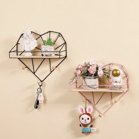 Heart Shaped Metal Wire & Wooden Rack Wall Unit Hanging Shelf Heart Shaped Metal Wire & Wooden Rack Wall Unit Hanging Shelf
