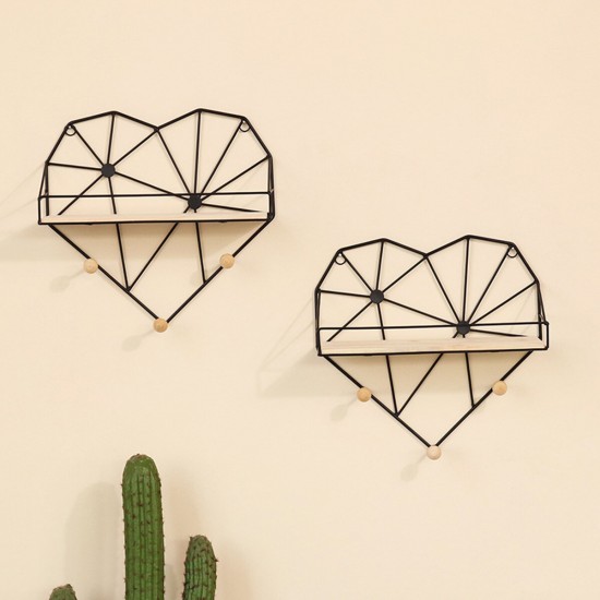 Heart Shaped Metal Wire & Wooden Rack Wall Unit Hanging Shelf Heart Shaped Metal Wire & Wooden Rack Wall Unit Hanging Shelf