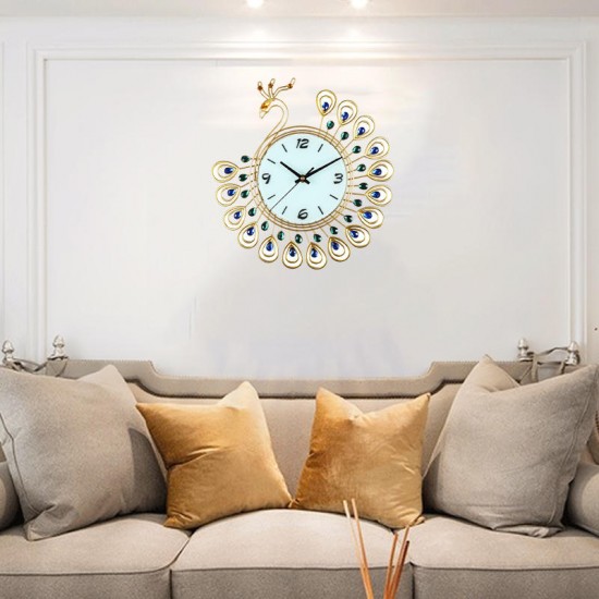 Large DIY 3D Flower Peacock Diamond Wall Clock Metal Modern Home Office Decorations
