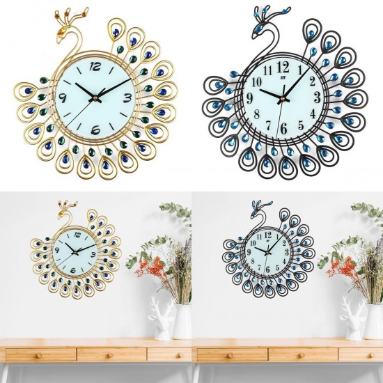 Large DIY 3D Flower Peacock Diamond Wall Clock Metal Modern Home Office Decorations