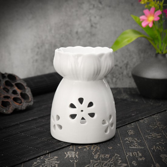 Lotus Flower Ceramic Oil Incense Burner Tea Light Holder Home Fragrance White