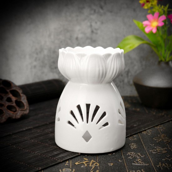Lotus Flower Ceramic Oil Incense Burner Tea Light Holder Home Fragrance White