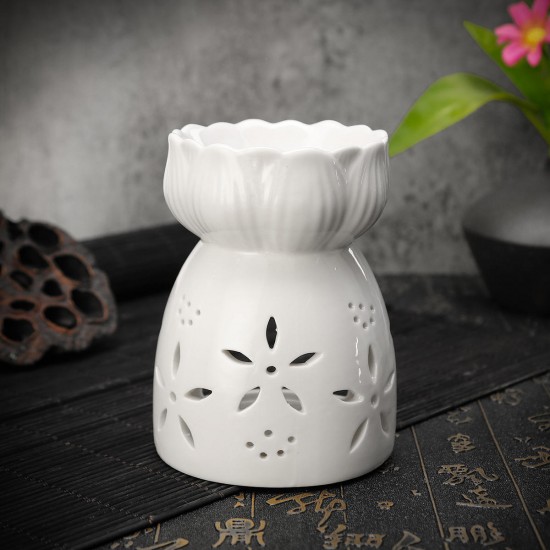 Lotus Flower Ceramic Oil Incense Burner Tea Light Holder Home Fragrance White