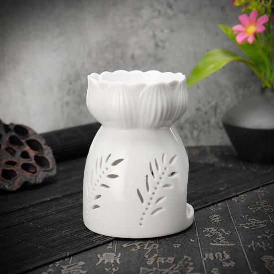 Lotus Flower Ceramic Oil Incense Burner Tea Light Holder Home Fragrance White