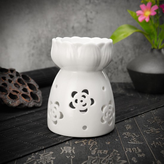 Lotus Flower Ceramic Oil Incense Burner Tea Light Holder Home Fragrance White