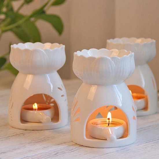 Lotus Flower Ceramic Oil Incense Burner Tea Light Holder Home Fragrance White Lotus Flower Ceramic Oil Incense Burner Tea Light Holder Home Fragrance White
