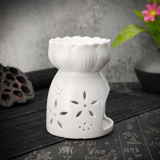 Lotus Flower Ceramic Oil Incense Burner Tea Light Holder Home Fragrance White