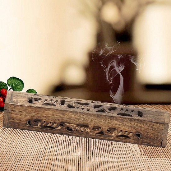 Mango Wooden Incense Stick Holder Burning Joss Box Inlay Cone Burner Ash Catcher
