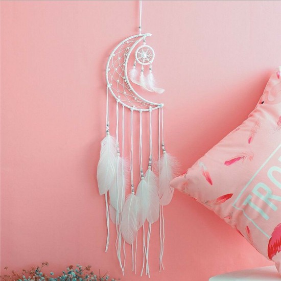 Moon Wind Chimes Handmade Net With Feathers Wall Hanging Home Ornament Decorate