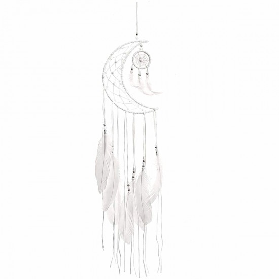 Moon Wind Chimes Handmade Net With Feathers Wall Hanging Home Ornament Decorate