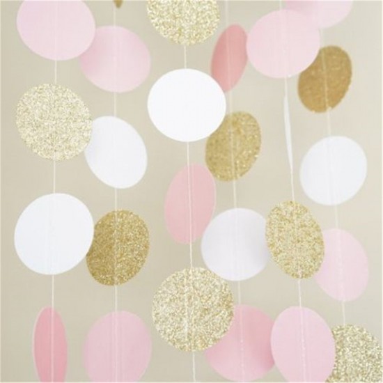 Pink White & Gold Glitter Circle Polka Dots Paper Garland Banner 10FT Banner New Decorations