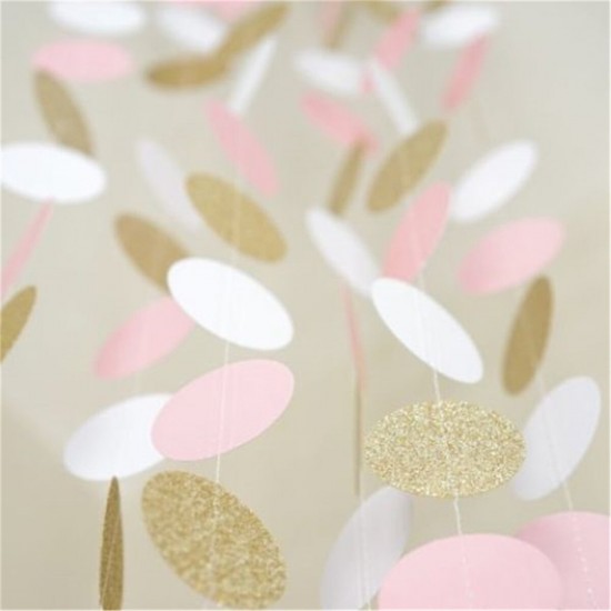 Pink White & Gold Glitter Circle Polka Dots Paper Garland Banner 10FT Banner New Decorations