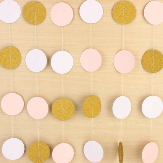 Pink White & Gold Glitter Circle Polka Dots Paper Garland Banner 10FT Banner New Decorations