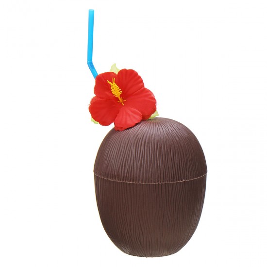Plastic Tropical Coconut Cup Bottle w/ Straw Summer Hawaii Luau Party Beach Pool Party
