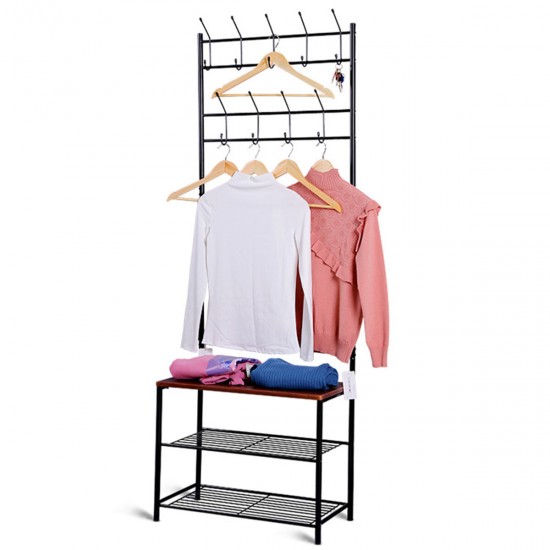 Portable Clothes Cloth Coat Rack Hanger Garment Shoe Rack Hat Hook Bench Shelf