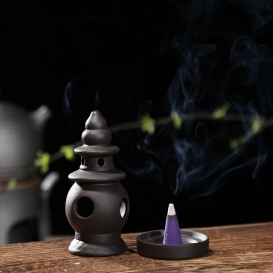 Purple Ceramic Backflow Incense Cone Burner Incense Holder Gourd Holes Three Ponds Mirroring the Moon Fragrant Censer Decor