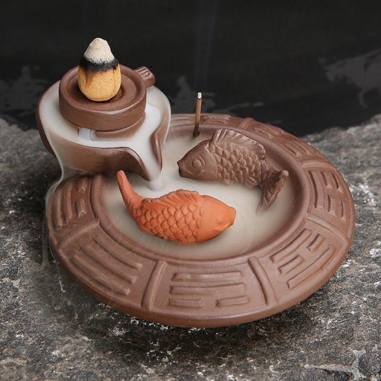 Purple Clay Backflow Incense Cone Burner Stick Holder Water Pond 2 Fish Smoke Back Flow Home Decor