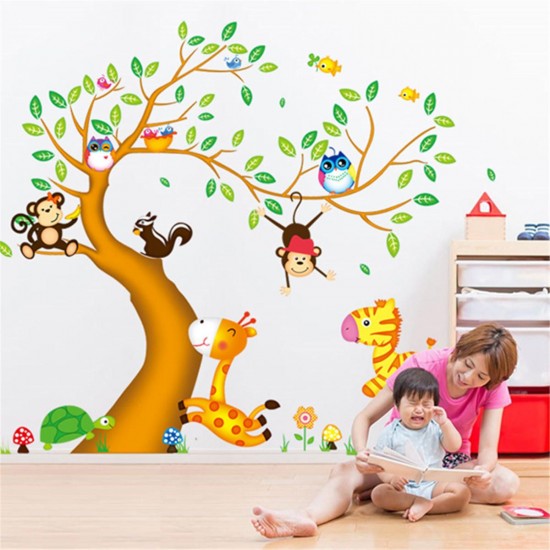 Removable Jungle Animals Wall Sticker Monkey Owl Tree Decal Nursery Room Decorations