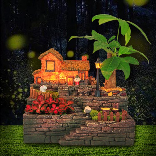 Resin Micro Landscape Succulents Plant Flower Pot With Lights Home Desktop Decorations