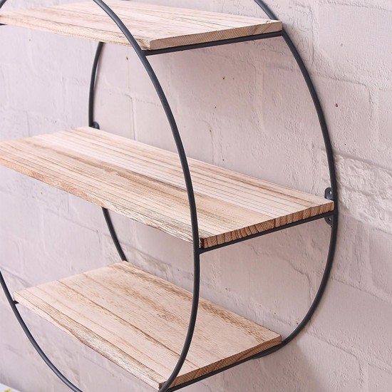 Retro Round Wood Iron Craft Wall Shelf Rack Storage Industrial Style Home Decorations