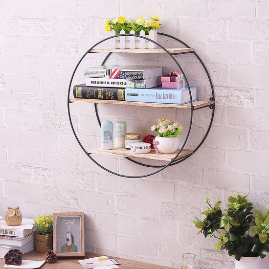 Retro Round Wood Iron Craft Wall Shelf Rack Storage Industrial Style Home Decorations