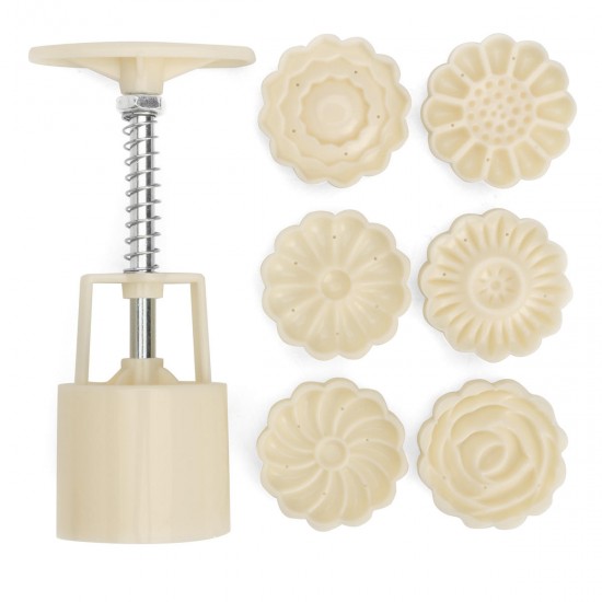 Round Mooncake Pastry Mold 50g Hand Press Mould Flower Pattern Festival Decor DIY Decor w/ 6 Stamps