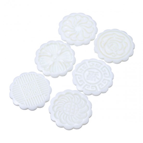 Round Mooncake Pastry Mold 63g Cookies DIY Press Mould Festival Decor w/ 6 Flower Pattern Stamps