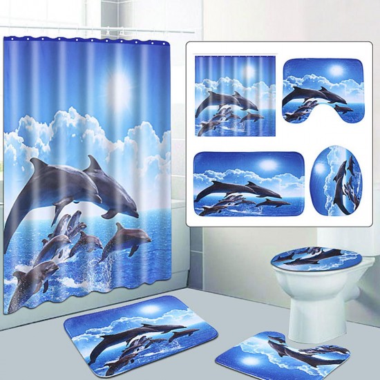 Shower Curtain Bath Pad Pedestal Rug Lid Toilet Cover Art Fashion Dolphin