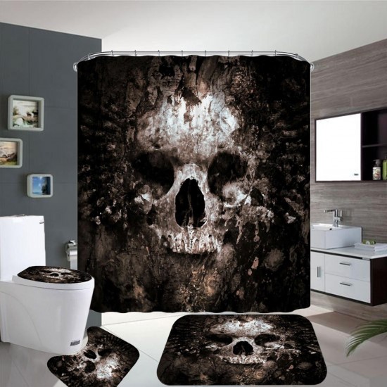 Skull Pattern Polyester Bathroom Shower Curtain Non-slip Toilet Cover Mat Rug Set