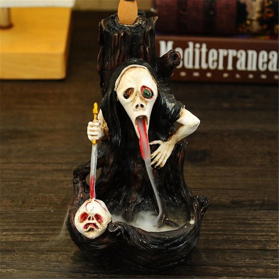 Skull Shape Resin Backflow Incense Burner Tower Statue Figurine Ghost Head Home Decor