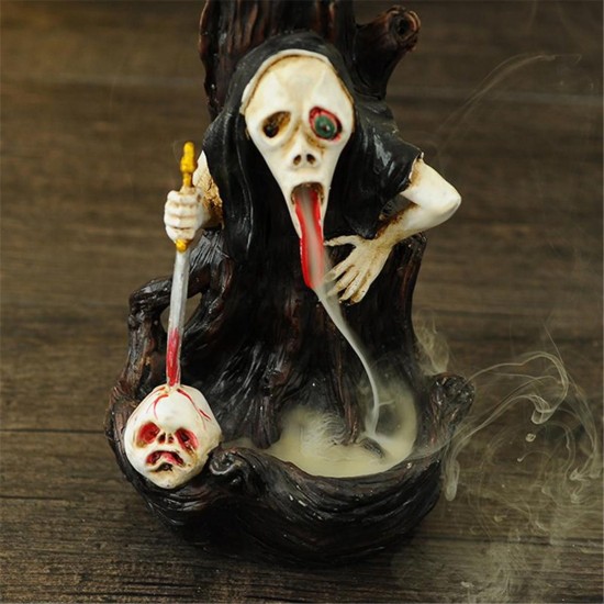 Skull Shape Resin Backflow Incense Burner Tower Statue Figurine Ghost Head Home Decor