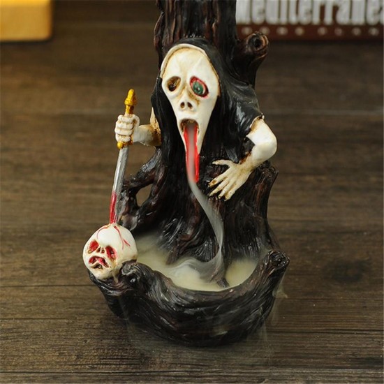 Skull Shape Resin Backflow Incense Burner Tower Statue Figurine Ghost Head Home Decor