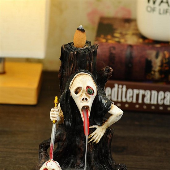 Skull Shape Resin Backflow Incense Burner Tower Statue Figurine Ghost Head Home Decor