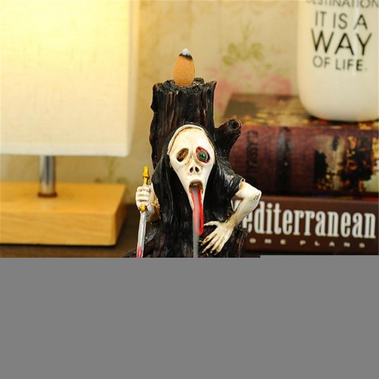 Skull Shape Resin Backflow Incense Burner Tower Statue Figurine Ghost Head Home Decor