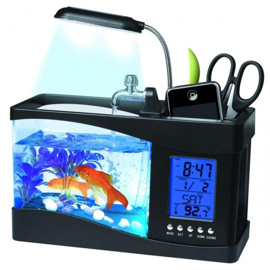 Small Aquarium Mini Fish Tank Goldfish Bowl Lamp Thermometer Alarm Clock LED Light