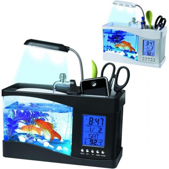 Small Aquarium Mini Fish Tank Goldfish Bowl Lamp Thermometer Alarm Clock LED Light